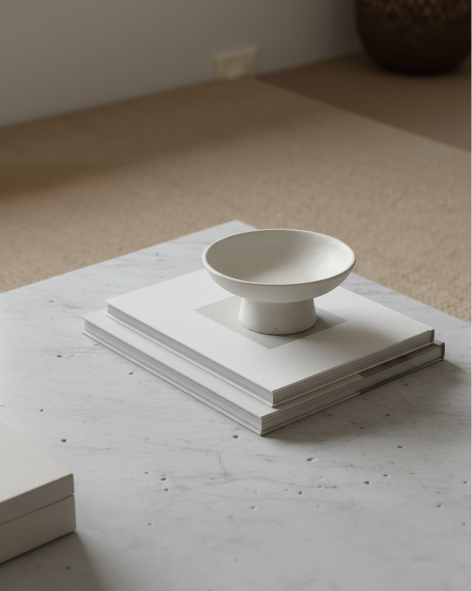 White ceramic bowl on a stack of books on a light-colored surface with a neutral background