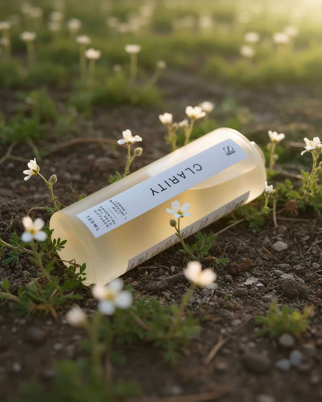 reed diffuser frosted bottle laid on a grassy background