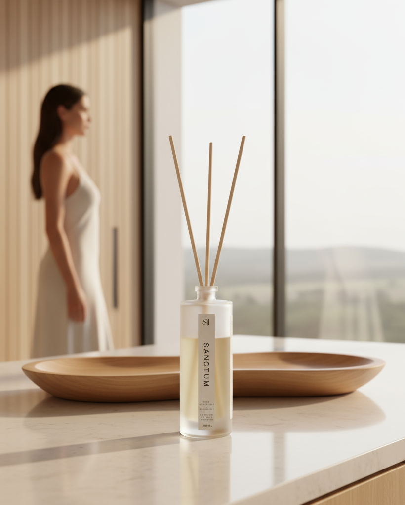 Reed diffuser bottle on a table with a blurred person in the background