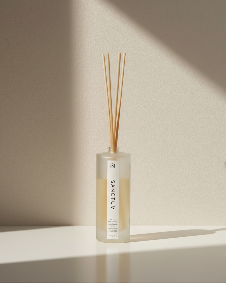 Reed diffuser with 'sanctum' branding on a neutral background