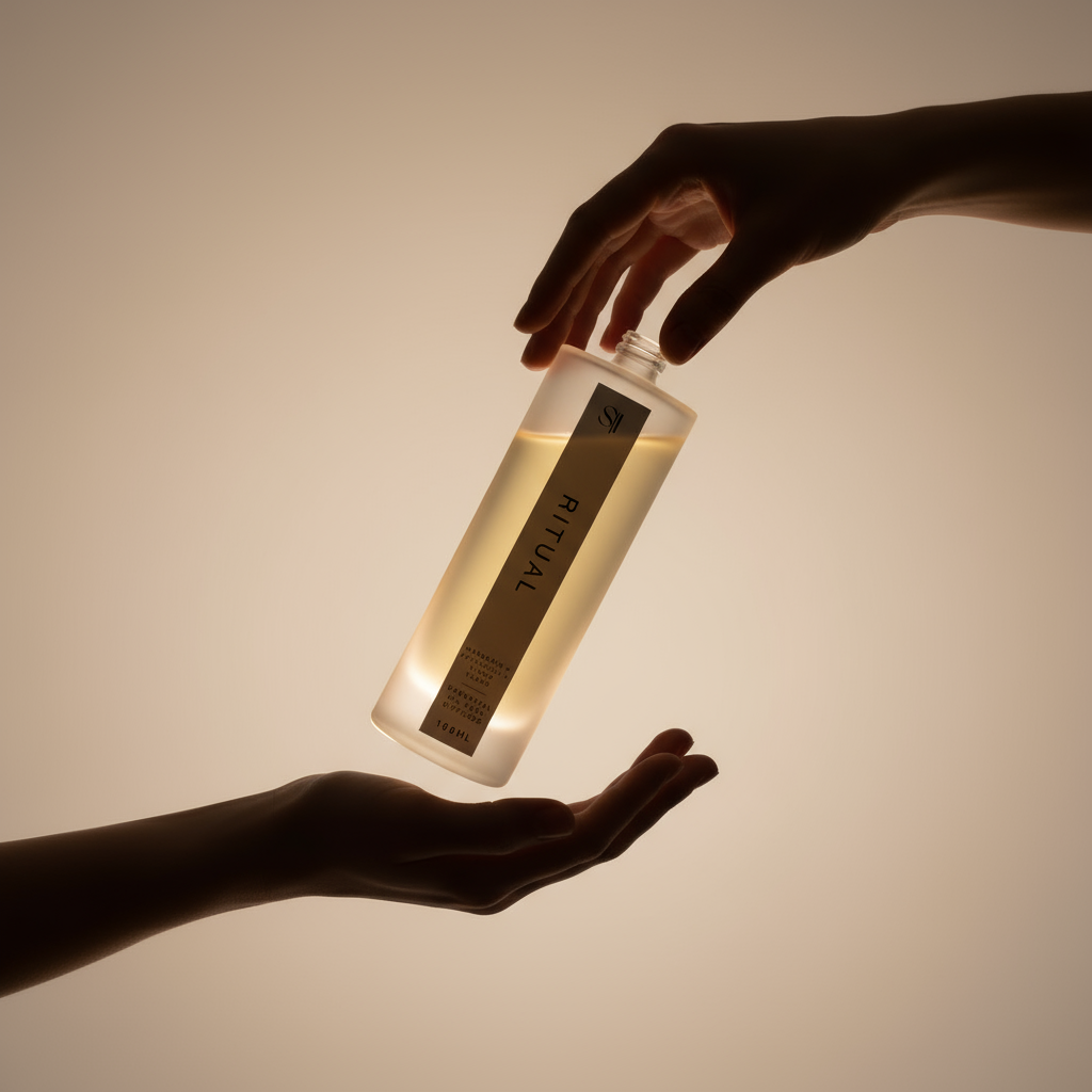 Hand receiving a bottle labeled 'Ritual' against a warm beige background
